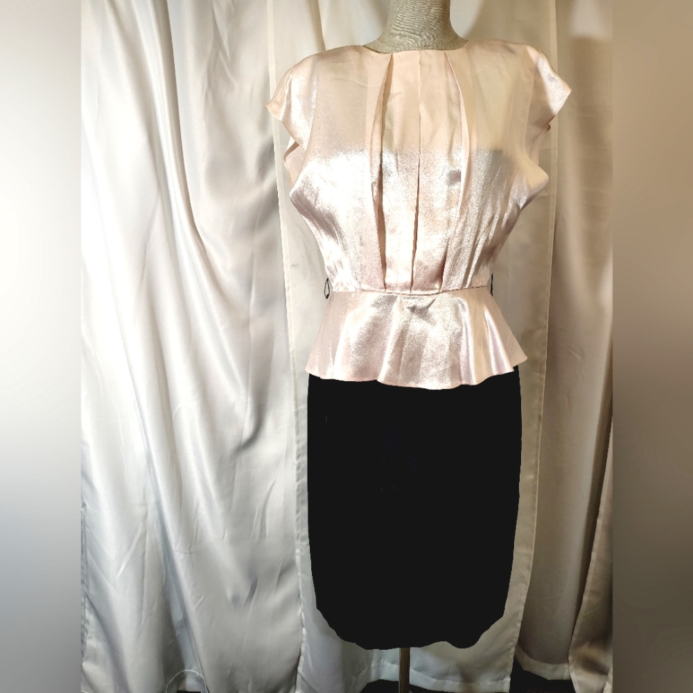 Vintage Satin Shift Dress, Pink/ Blck, Flutter Sleeve, Pleats, 8/9